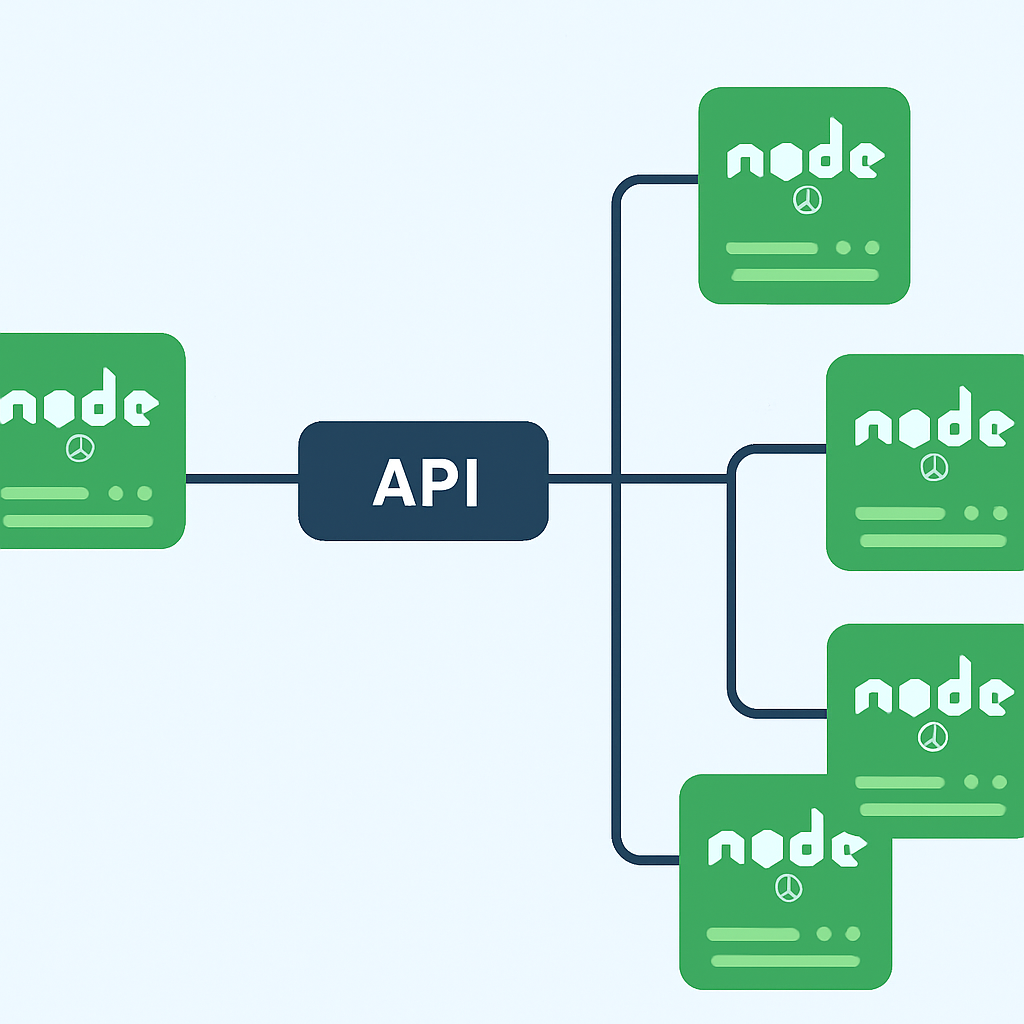 Diagramme d'architecture microservices moderne avec services Node.js connectés via passerelle API
