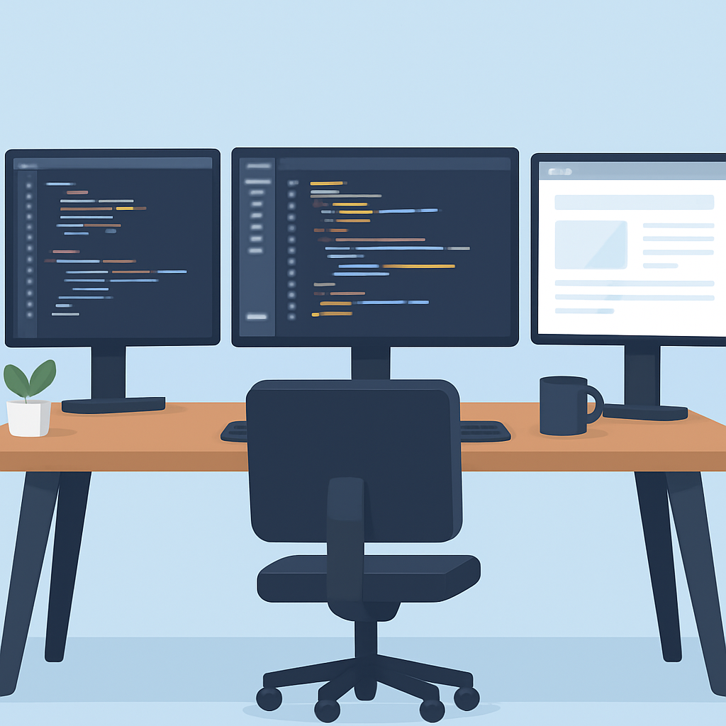 Espace de travail moderne de développeur avec plusieurs écrans affichant des outils de développement