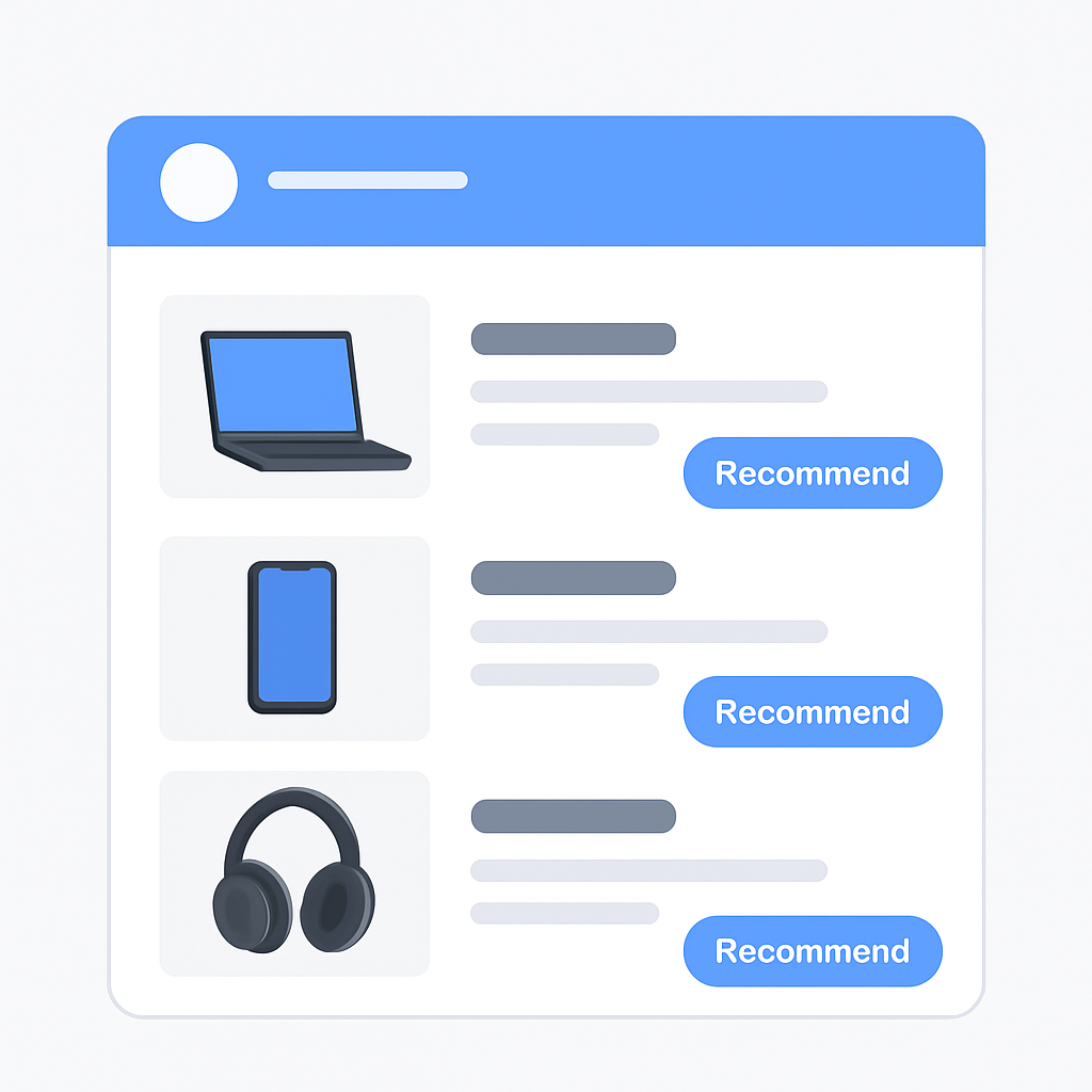 Maquette de widget de recommandation d'affiliation montrant des suggestions personnalisées de produits tech
