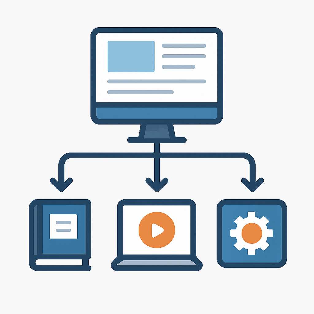 Diagramme de flux de création de produits numériques montrant le développement d'ebooks, cours et outils