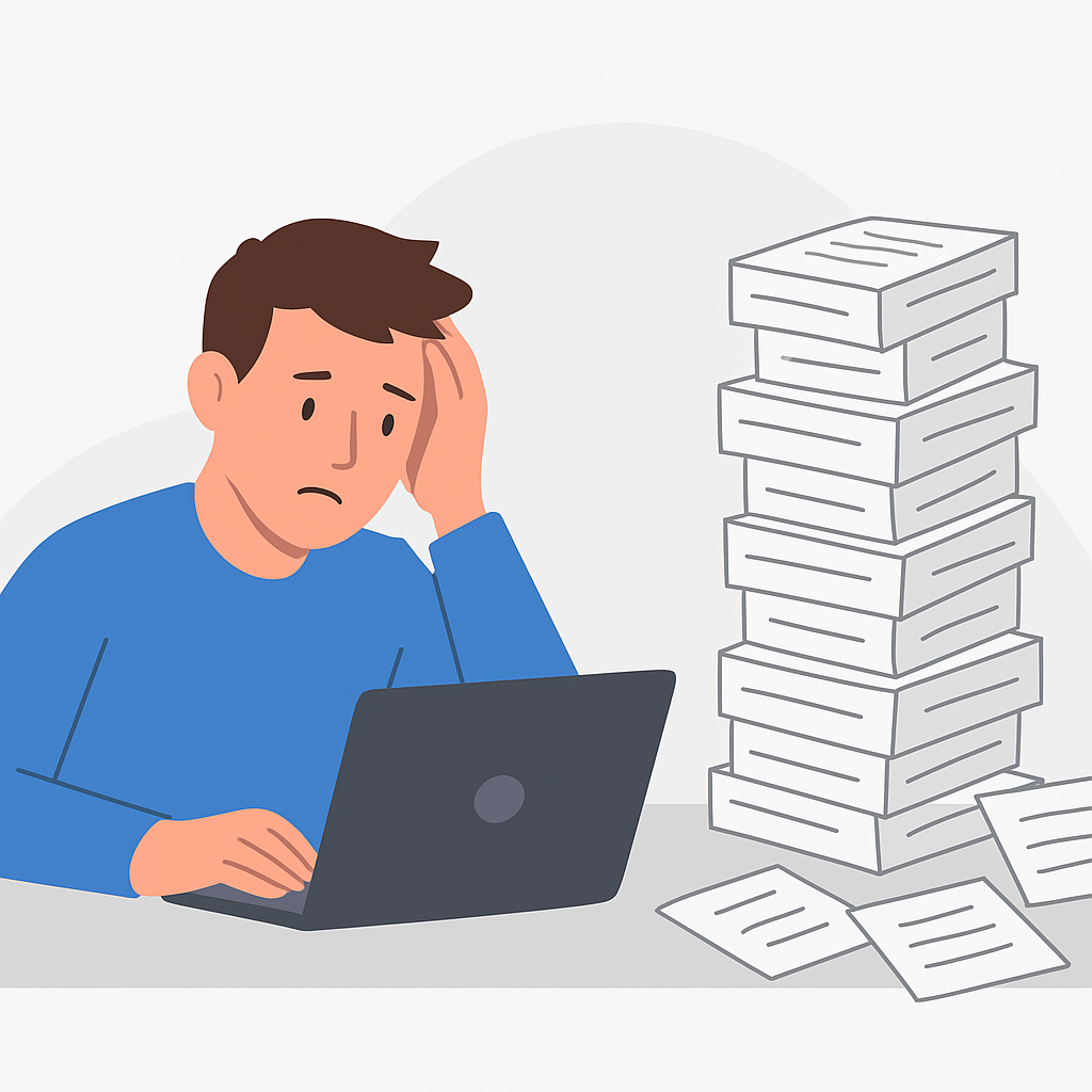 Illustration d'un développeur submergé par une pile de cartes mémoire non révisées, symbolisant les révisions accumulées