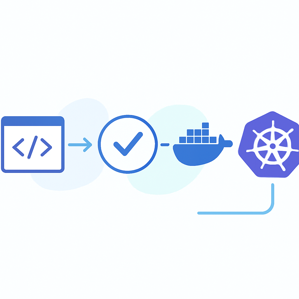 Diagramme de pipeline CI/CD montrant les tests automatisés, builds Docker et déploiement Kubernetes