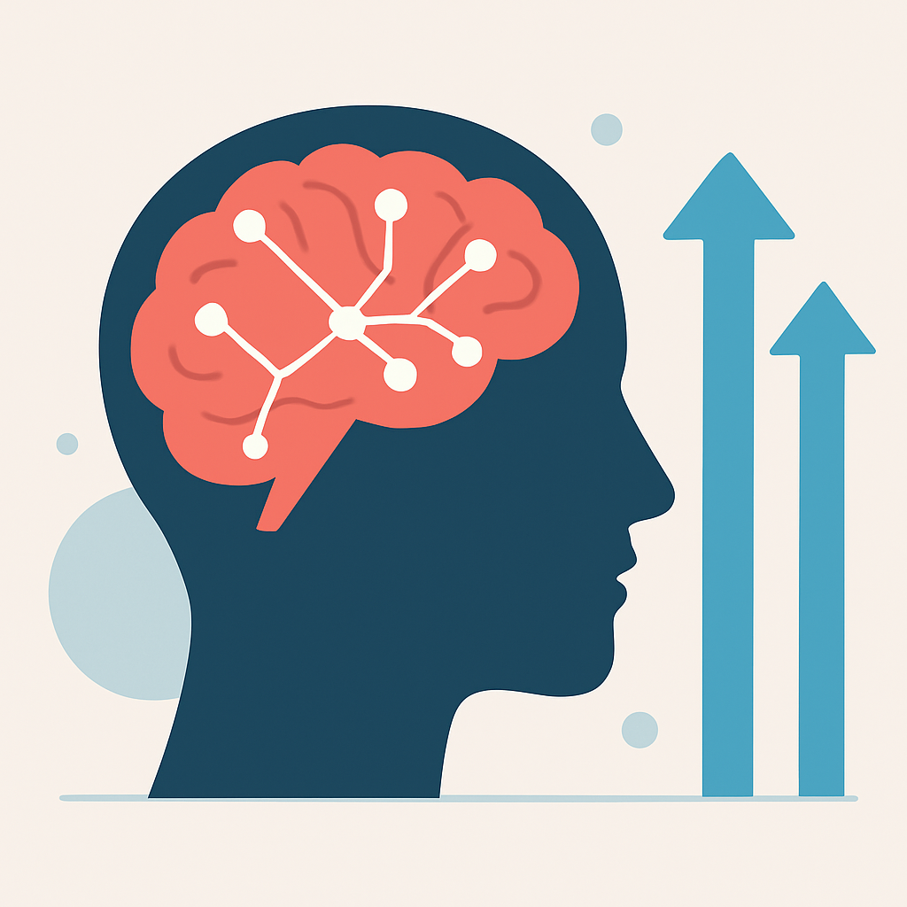 Illustration abstraite du cerveau d'un développeur avec des connexions neurales se renforçant par l'apprentissage, symbolisant la formation de la mémoire à long terme