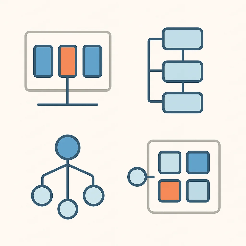 Diagramme des structures de données les plus courantes : tableaux, listes chaînées, arbres et tables de hachage