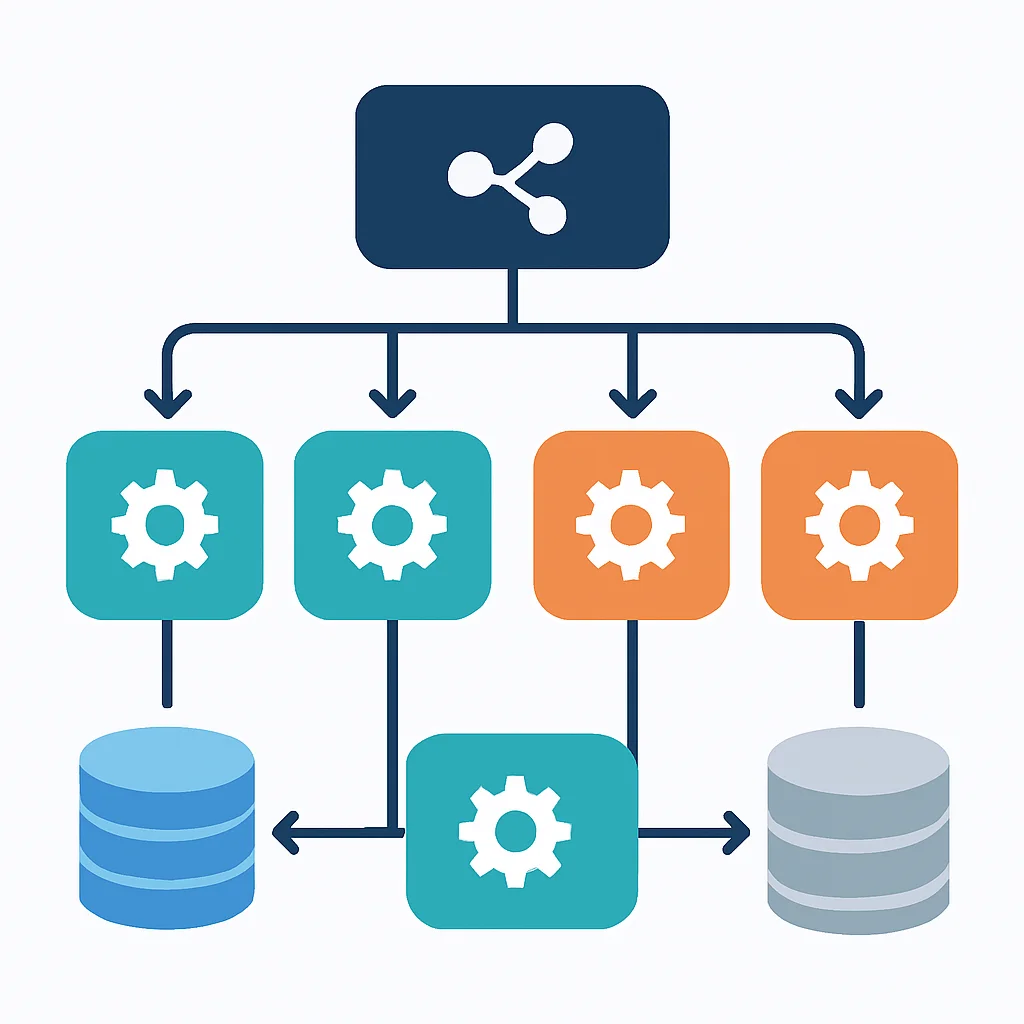 Diagramme d'architecture simplifié d'un système distribué avec équilibreurs de charge, microservices, bases de données et couche de cache
