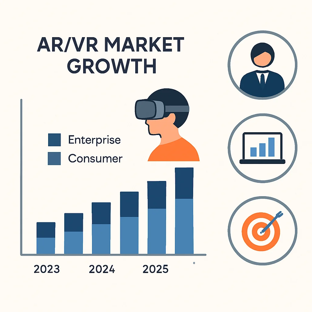 Infographie détaillée montrant les tendances de croissance du marché AR/VR de 2023 à 2026, segmentée par usage professionnel et grand public, avec les principaux moteurs de croissance mis en évidence