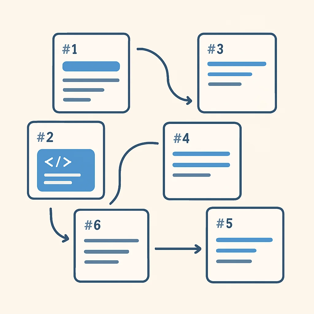 Diagramme illustrant la méthode Zettelkasten avec des notes interconnectées et des identifiants uniques, montrant comment les extraits de code ou les concepts techniques se lient entre eux.