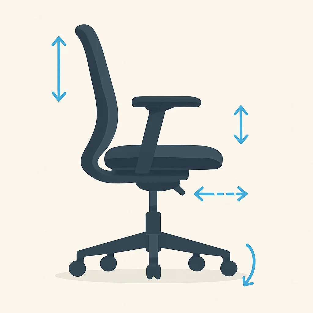 Diagramme d'une chaise ergonomique avec ses caractéristiques réglables mises en évidence