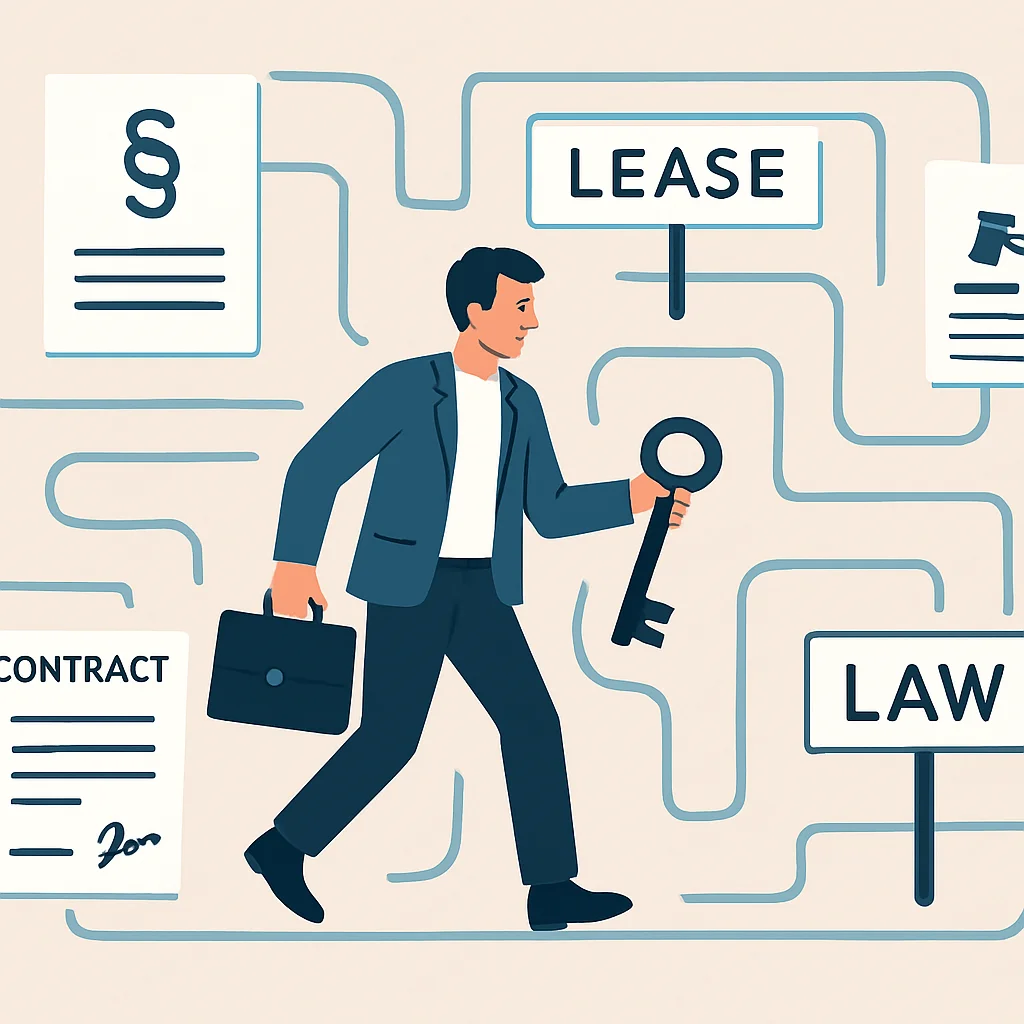Illustration d'un propriétaire naviguant dans un labyrinthe juridique complexe avec des documents légaux