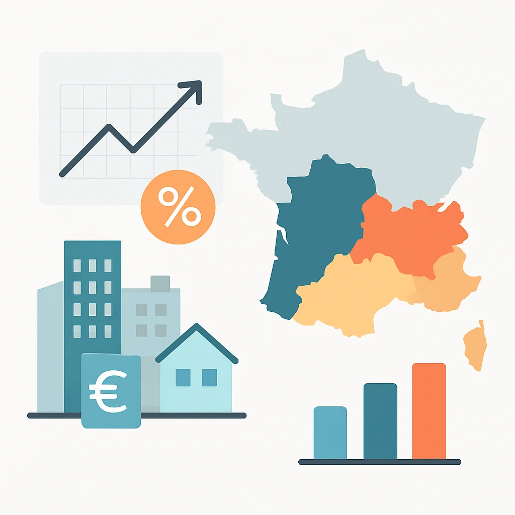 Diagramme des tendances du marché immobilier en France pour 2026, avec taux d'intérêt moyens, évolution des prix au m² et zones d'investissement populaires
