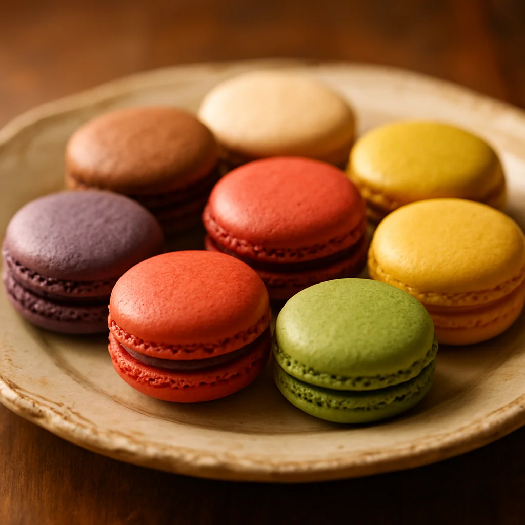 Assortiment de macarons français colorés sur une assiette vintage