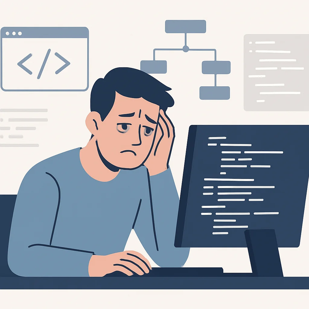Développeur stressé devant un ordinateur, avec des cernes sous les yeux, illustrant le burnout.