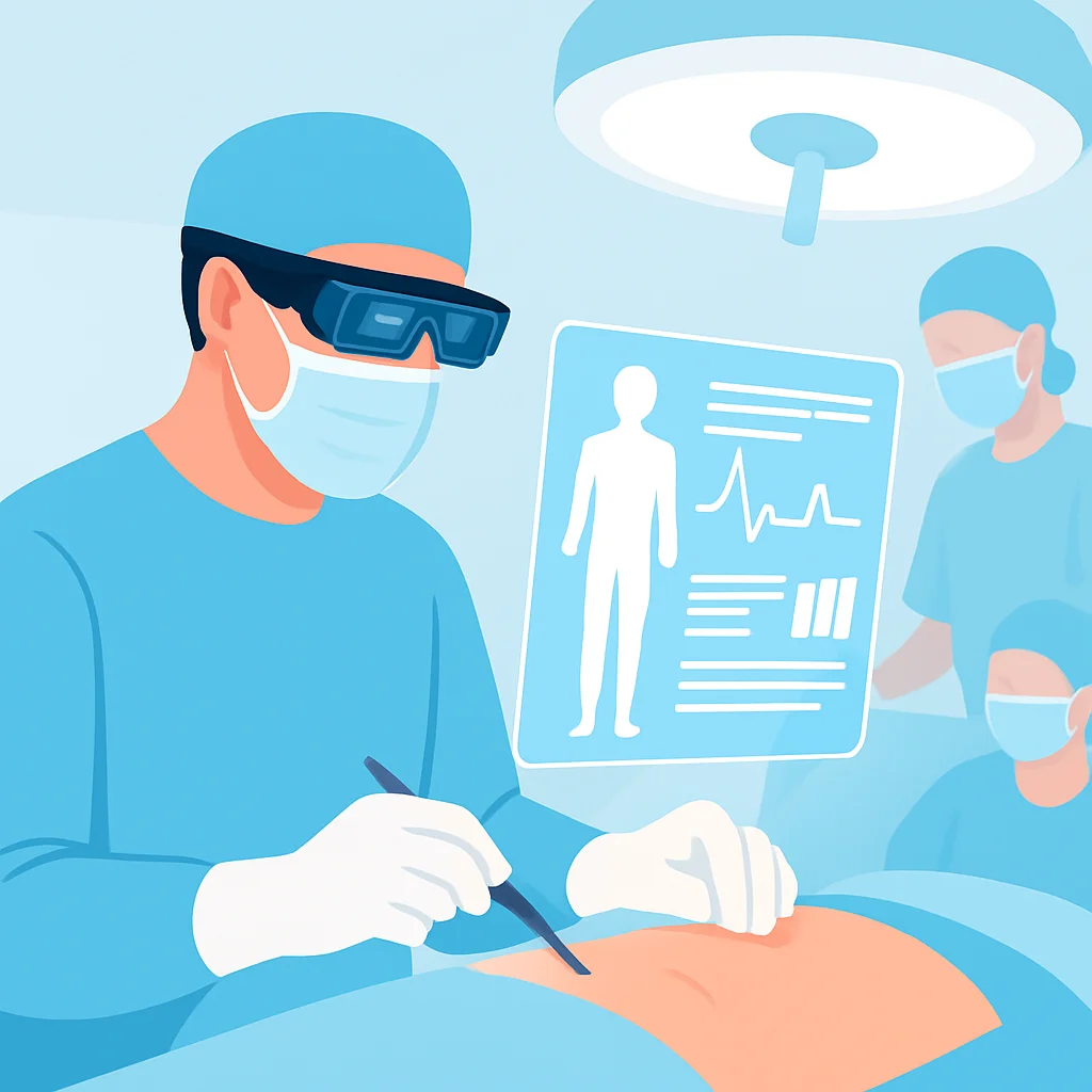 Un médecin portant des lunettes AR pendant une opération chirurgicale, avec des données holographiques du patient superposées sur la zone chirurgicale. En arrière-plan, du personnel médical assiste.