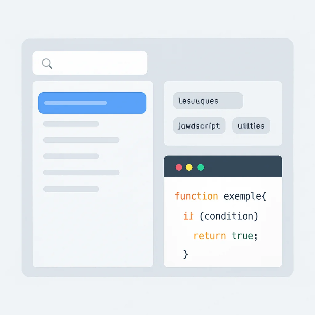 Capture d'écran ou maquette de l'interface utilisateur d'un gestionnaire de snippets de code, affichant une liste de snippets, des balises et un éditeur de code avec coloration syntaxique.