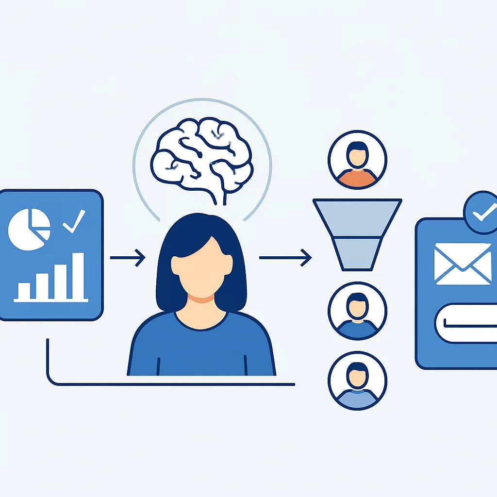 Infographie montrant le fonctionnement de la segmentation client par l'IA, de la collecte de données à l'exécution de campagnes personnalisées