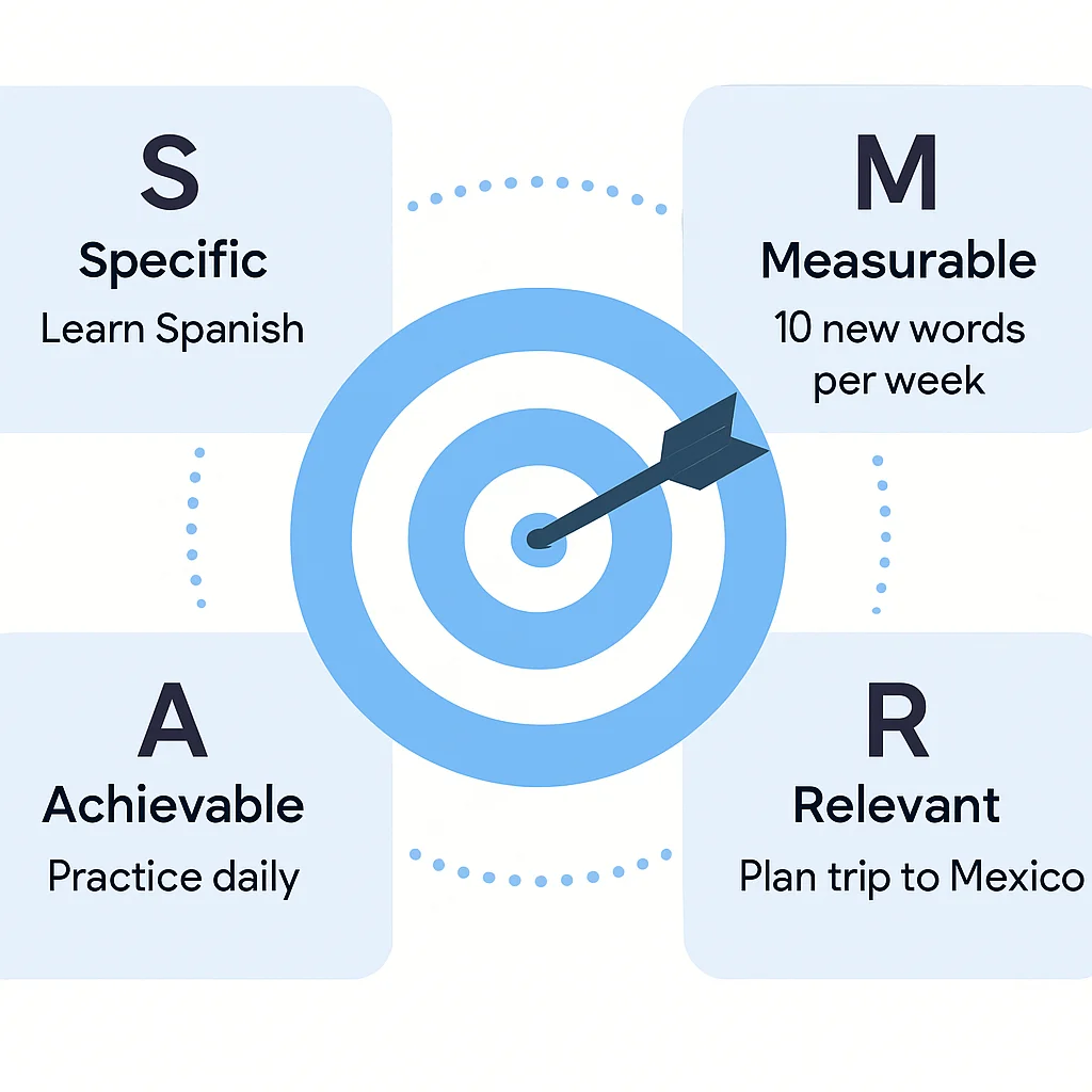 Diagramme de définition d'objectifs avec l'acronyme SMART et des exemples pour l'apprentissage des langues