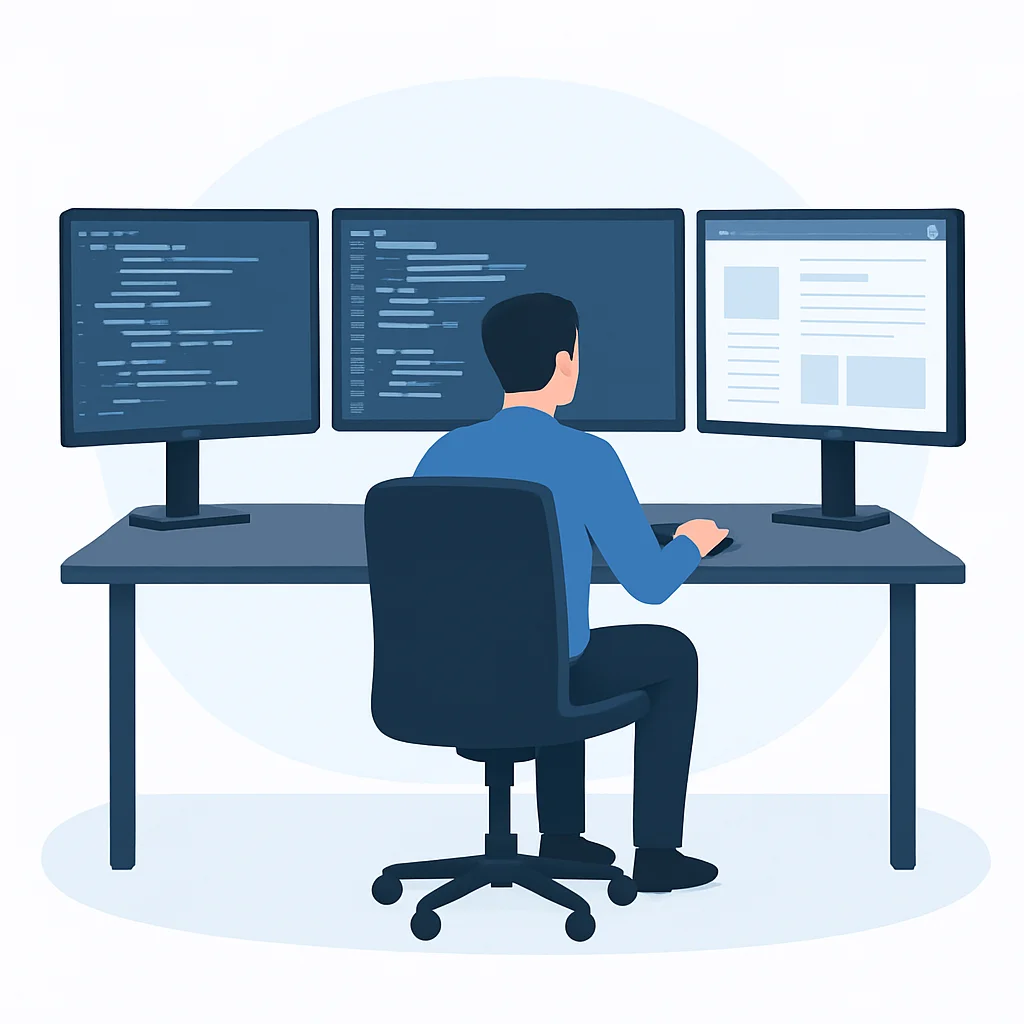 Configuration ergonomique multi-écrans d'un développeur avec positions d'écran idéales