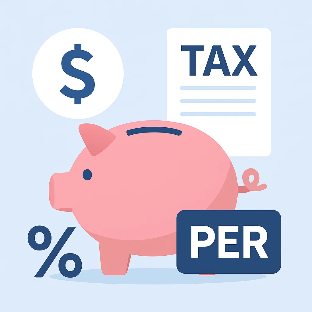 Illustration d'une tirelire avec des symboles de déduction fiscale et un logo PER