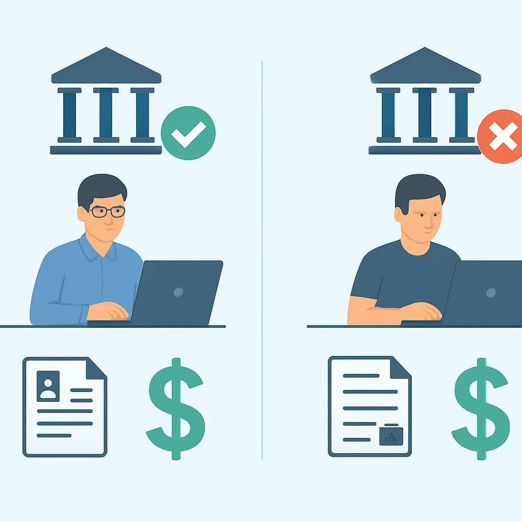 Infographie comparant la perception de la stabilité financière des développeurs salariés vs freelances par les banques, avec documents requis et avantages