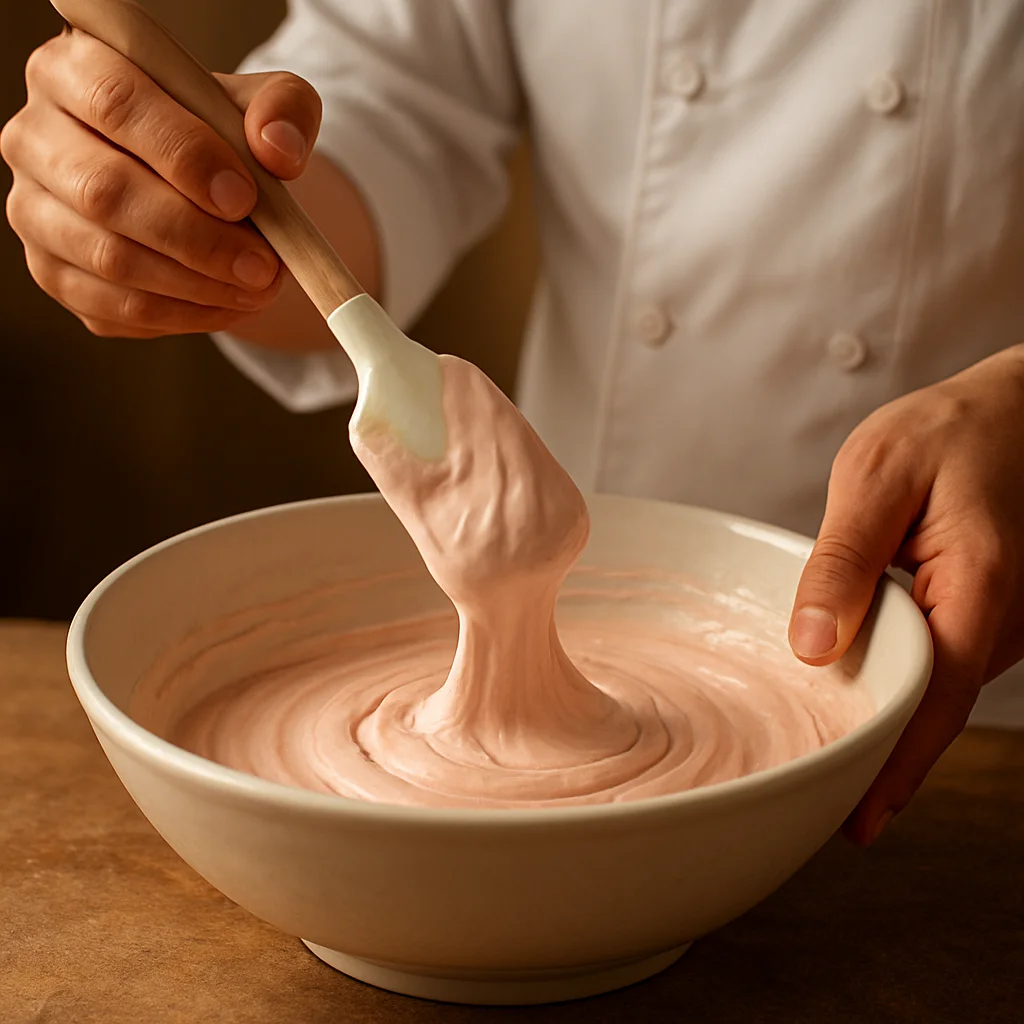 Pâtissier démontrant la technique du macaronage