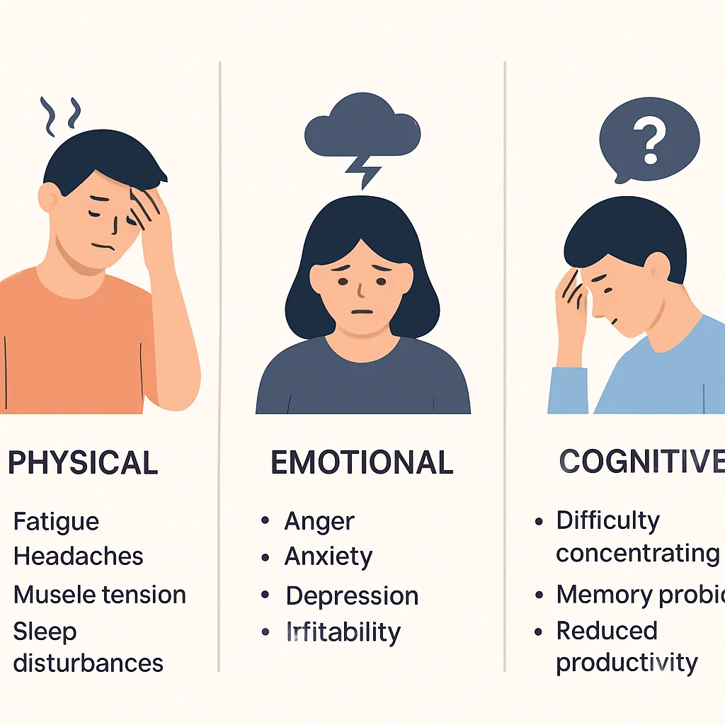 Infographie présentant les trois catégories de symptômes du burnout : physiques, émotionnels, cognitifs, avec des exemples spécifiques pour chaque.