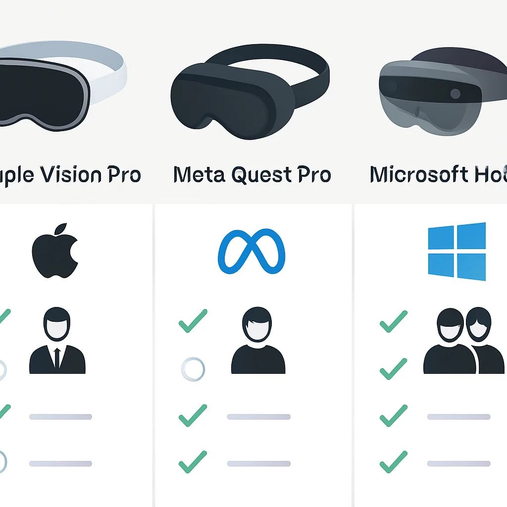 Tableau comparatif des fonctionnalités et écosystèmes d'Apple Vision Pro, Meta Quest Pro et Microsoft HoloLens en 2026, soulignant leurs marchés cibles et leurs capacités clés.