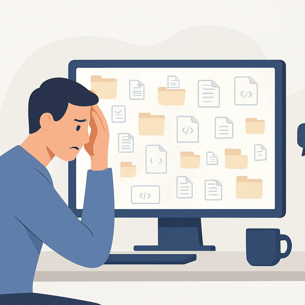 Illustration d'un développeur frustré devant un écran avec de nombreux fichiers et dossiers désorganisés, essayant de trouver un extrait de code spécifique.