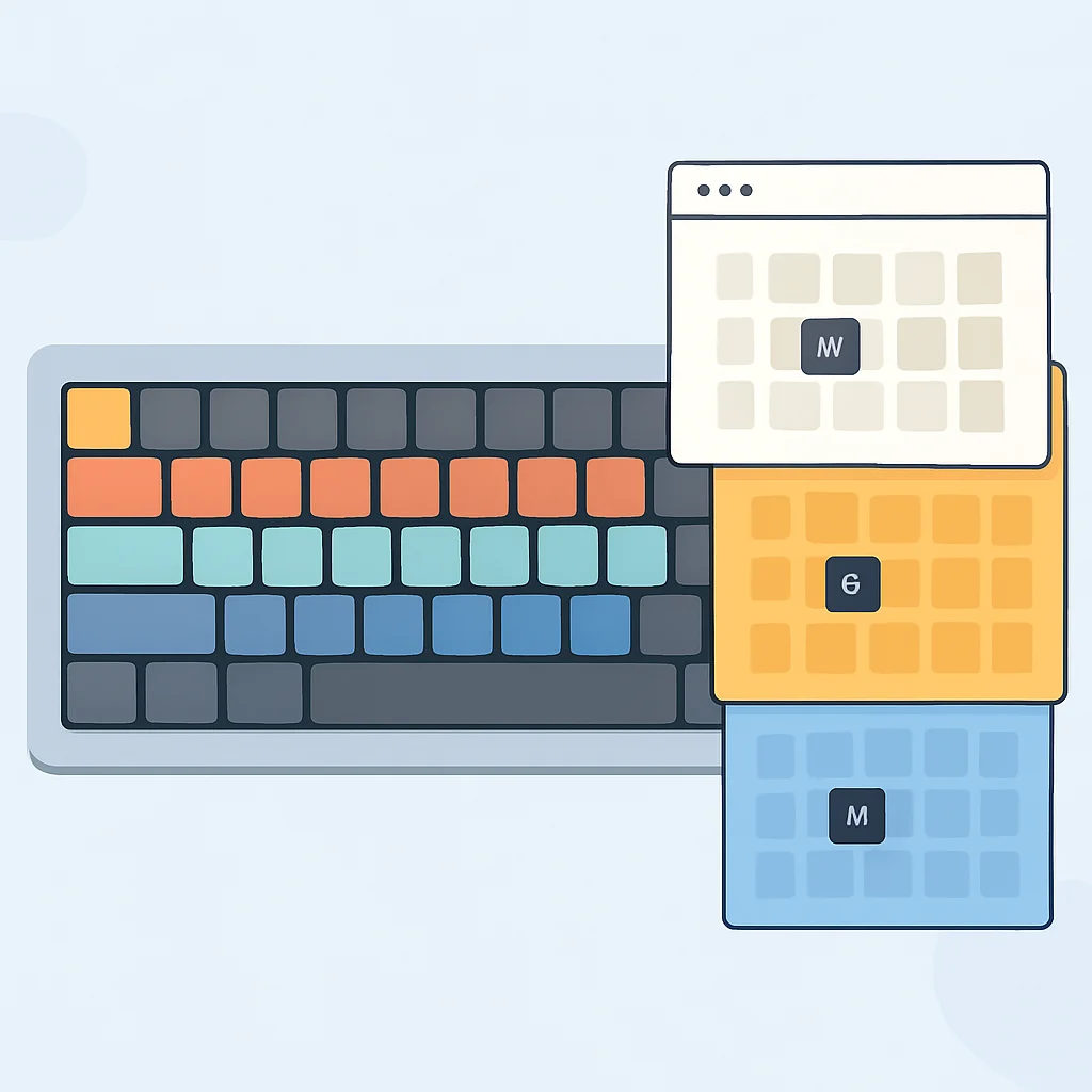 Illustration des couches QMK/VIA montrant comment différentes associations de touches peuvent être attribuées à différentes couches pour des flux de travail personnalisés
