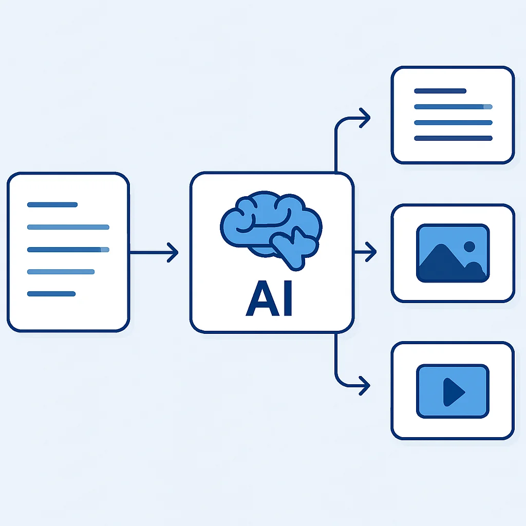 Diagramme de flux de travail illustrant la création de contenu assistée par l'IA, de l'invite aux différents formats (texte, image, vidéo)