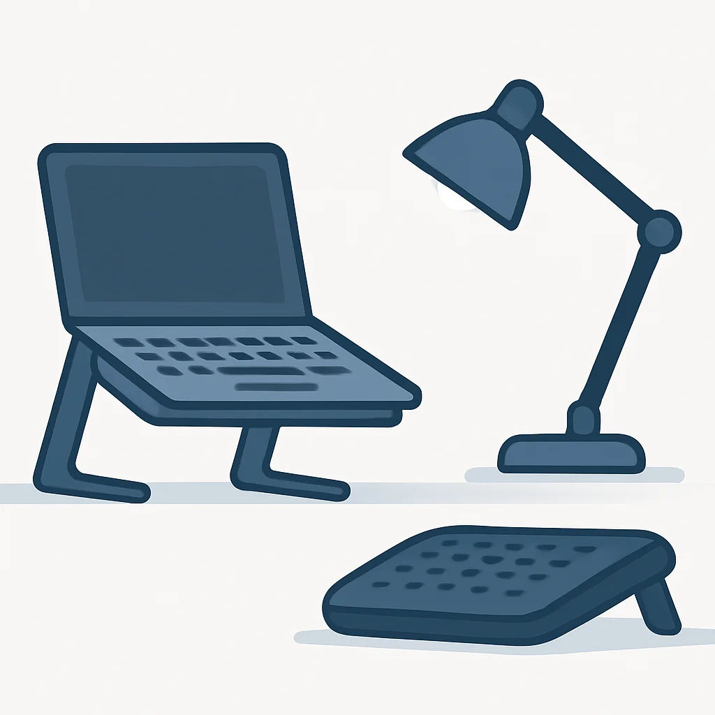 Accessoires ergonomiques pour le bureau d'un développeur, incluant un support d'ordinateur portable, un repose-pieds et une lampe de bureau