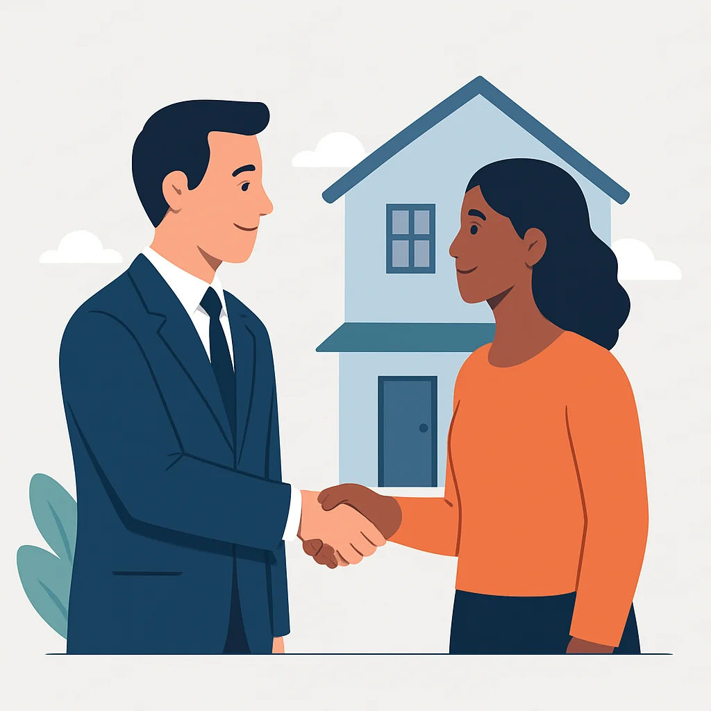 Illustration conceptuelle d'un propriétaire et d'un locataire se serrant la main, symbolisant une bonne relation et le respect mutuel