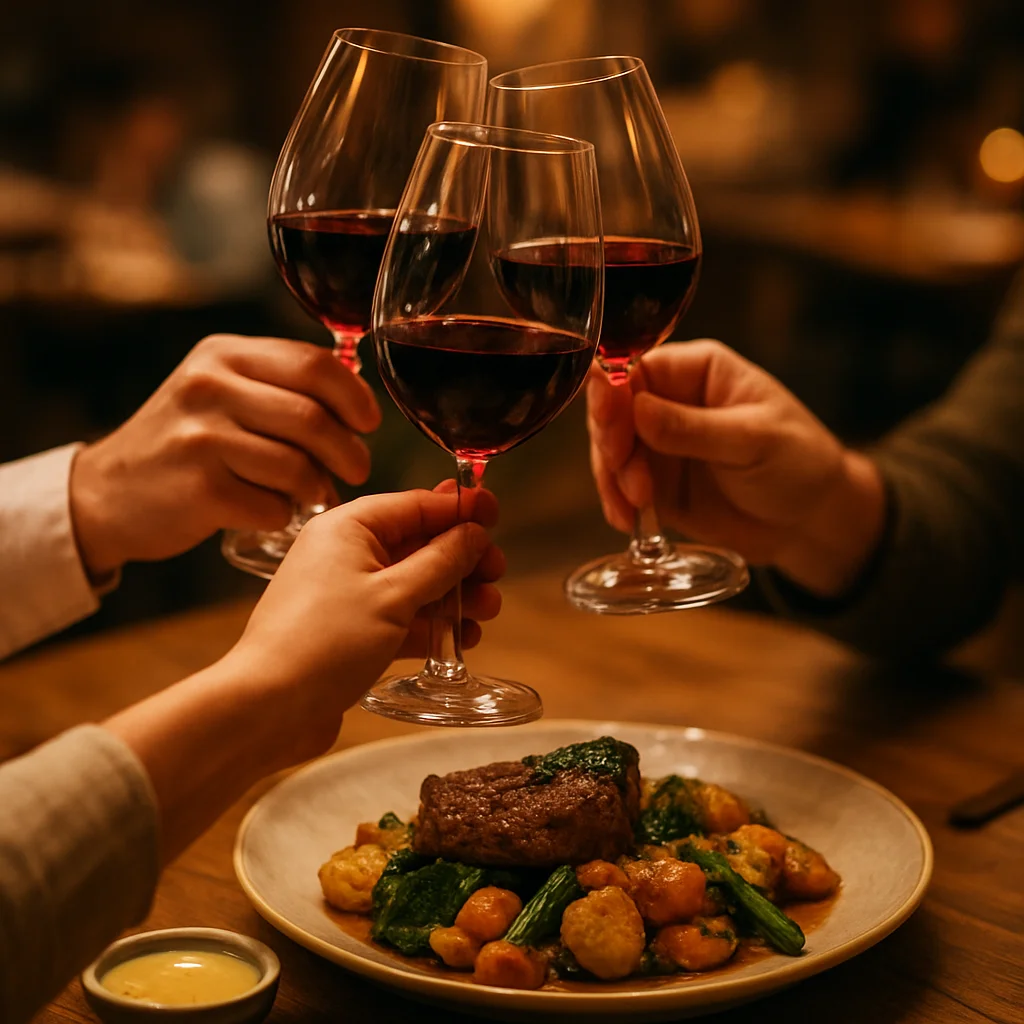 Des personnes trinquent avec des verres de vin dans un restaurant