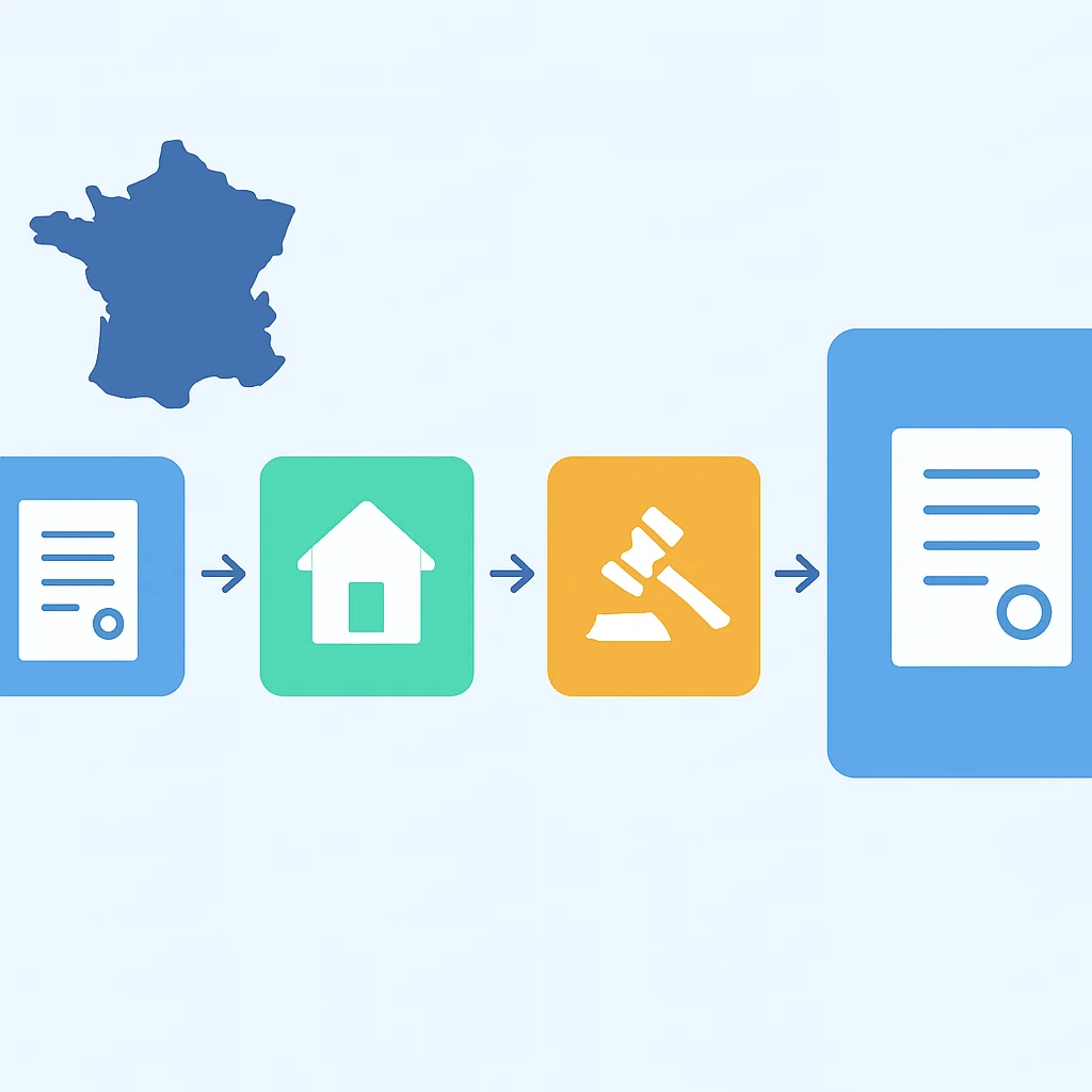 Organigramme illustrant les étapes légales d'achat immobilier en France, de l'offre à l'acte authentique