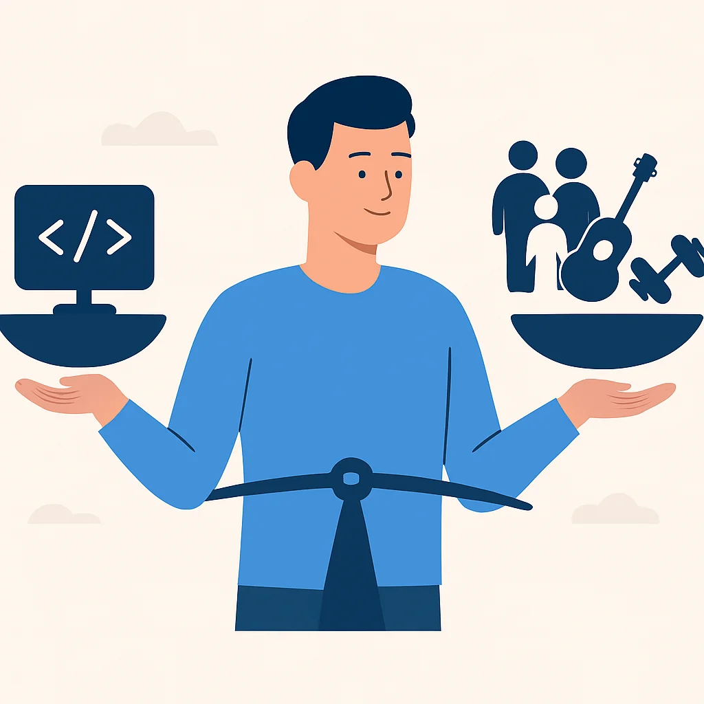 Illustration d'un développeur équilibrant vie professionnelle et personnelle, avec des icônes distinctes pour le codage, la famille, les loisirs et le fitness sur une balance.