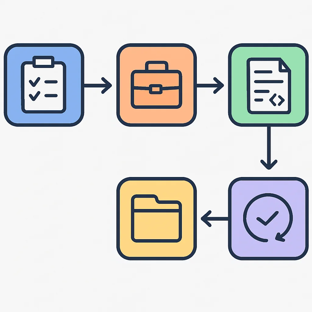 Organigramme illustrant le flux de travail en 5 étapes pour organiser les notes et les extraits de code, de l'évaluation à la révision régulière.
