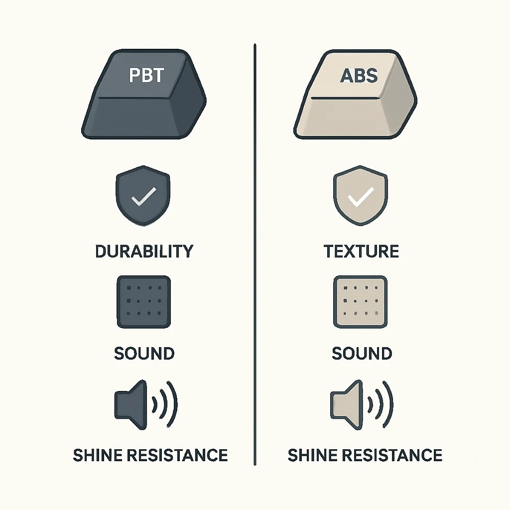 Infographie détaillée comparant les keycaps PBT et ABS en termes de durabilité, texture, son et résistance à la brillance