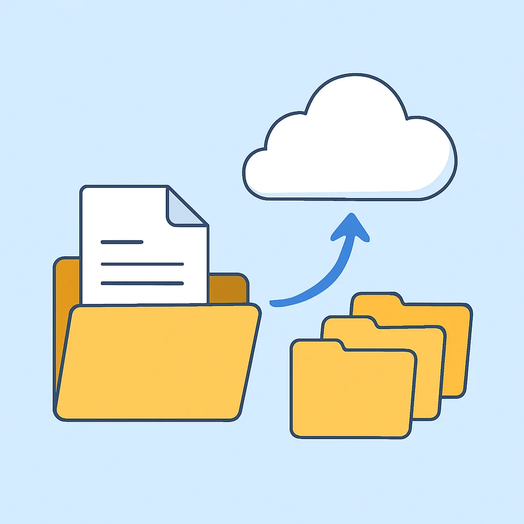 Illustration de stockage de documents numériques avec dossiers et icônes de cloud