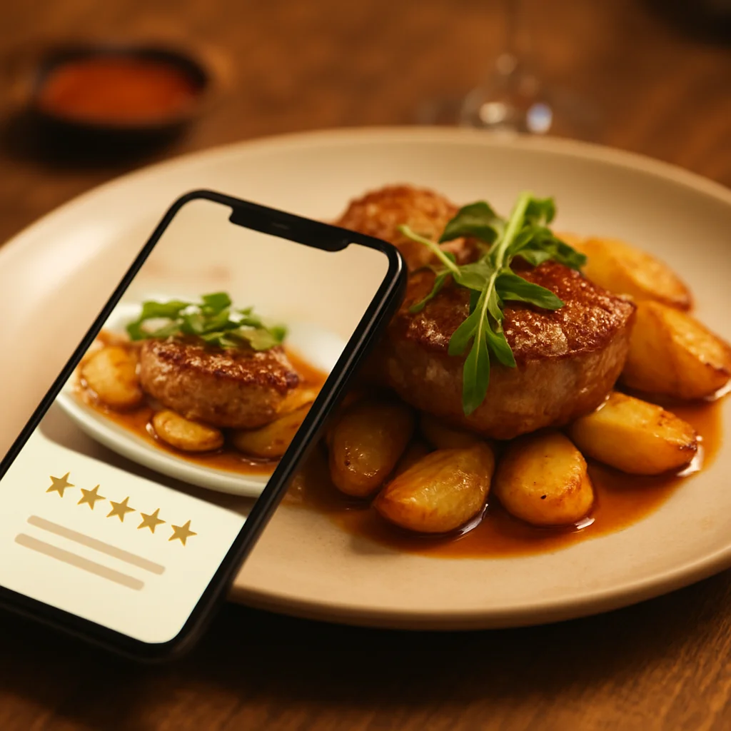 Smartphone affichant une application d'avis de restaurant