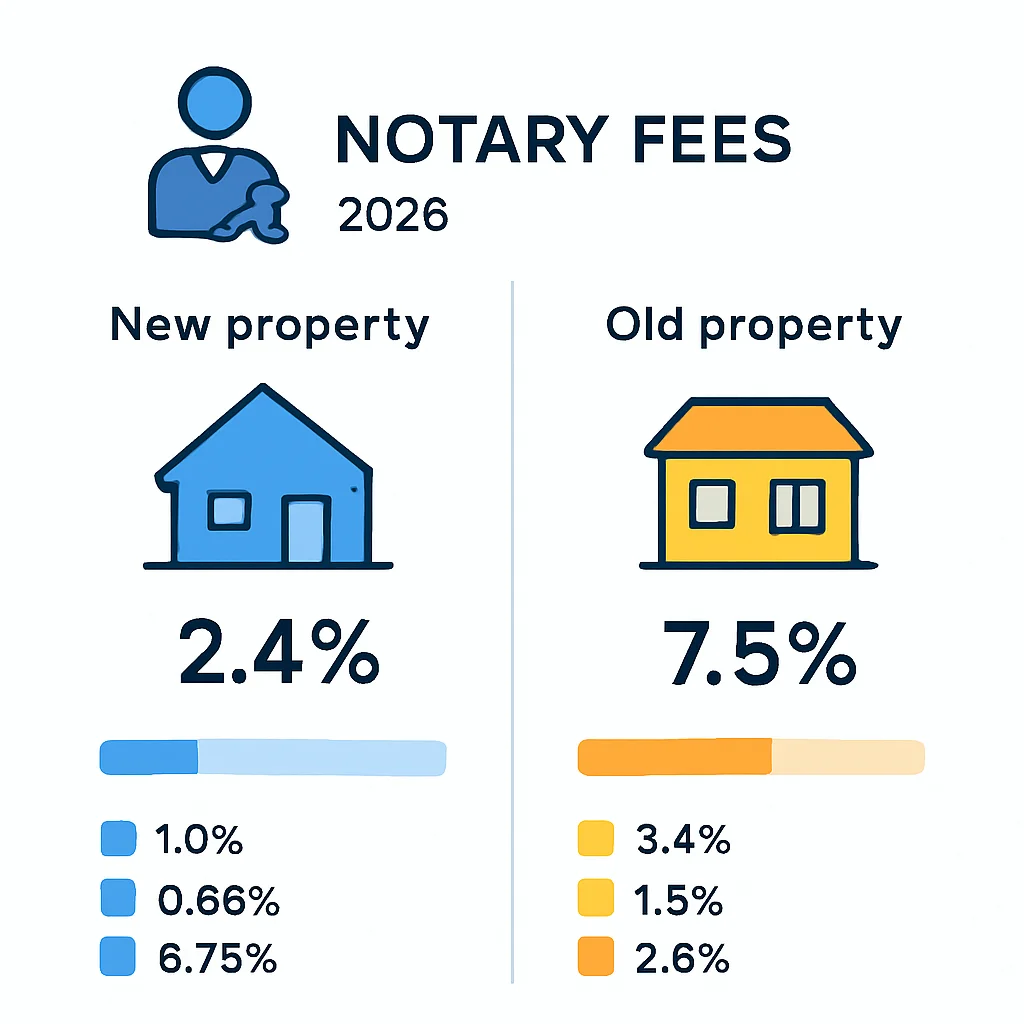 Tableau comparatif des frais de notaire pour l'immobilier neuf vs ancien en France, avec pourcentages et ventilation des coûts pour 2026