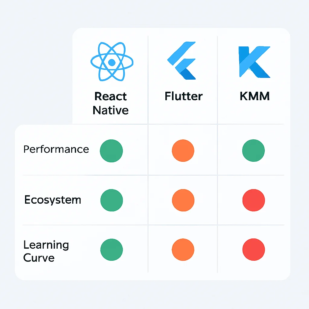Matrice de comparaison React Native vs Flutter vs KMM sur la performance, l'écosystème et la courbe d'apprentissage en 2026