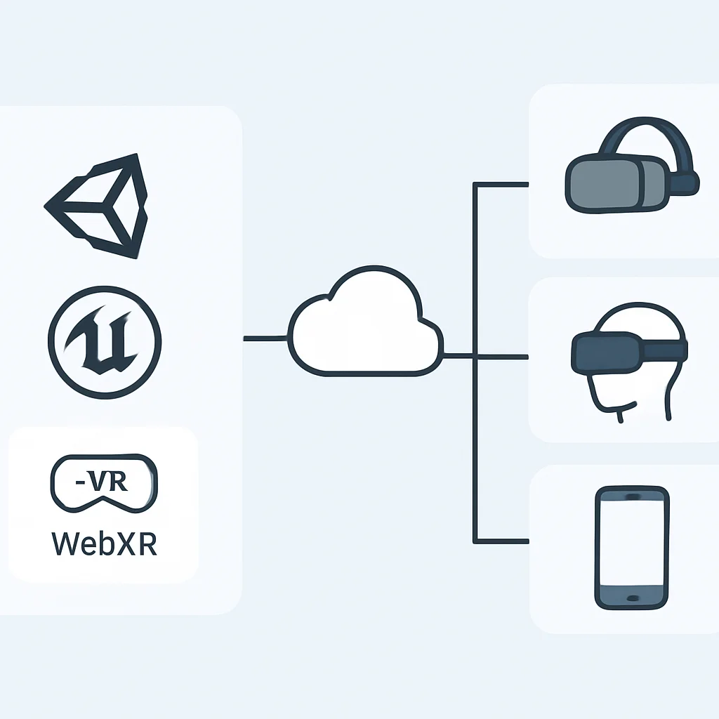 Diagramme illustrant un flux de travail de développement AR/VR moderne, montrant des outils comme Unity/Unreal, WebXR, les services cloud et différentes cibles de déploiement (casques, AR mobile).