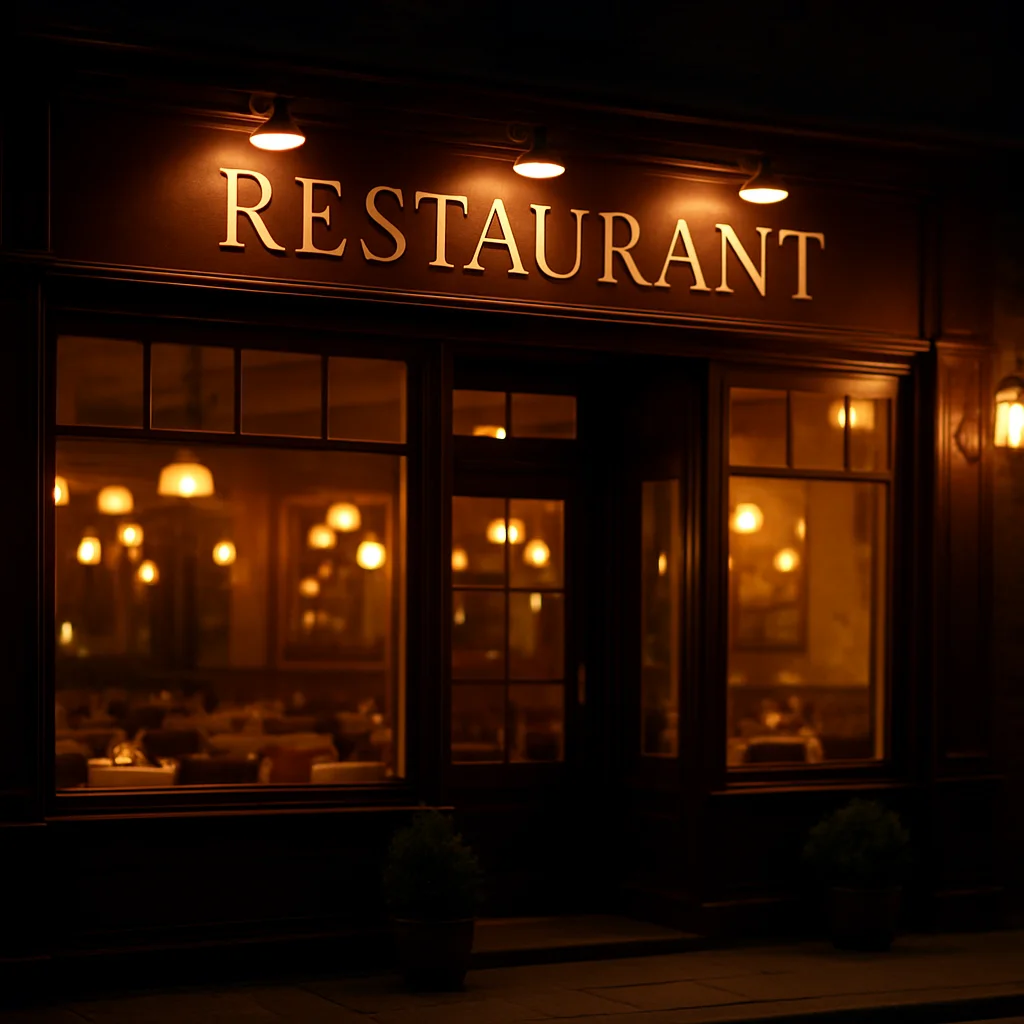Façade de restaurant la nuit avec des lumières accueillantes