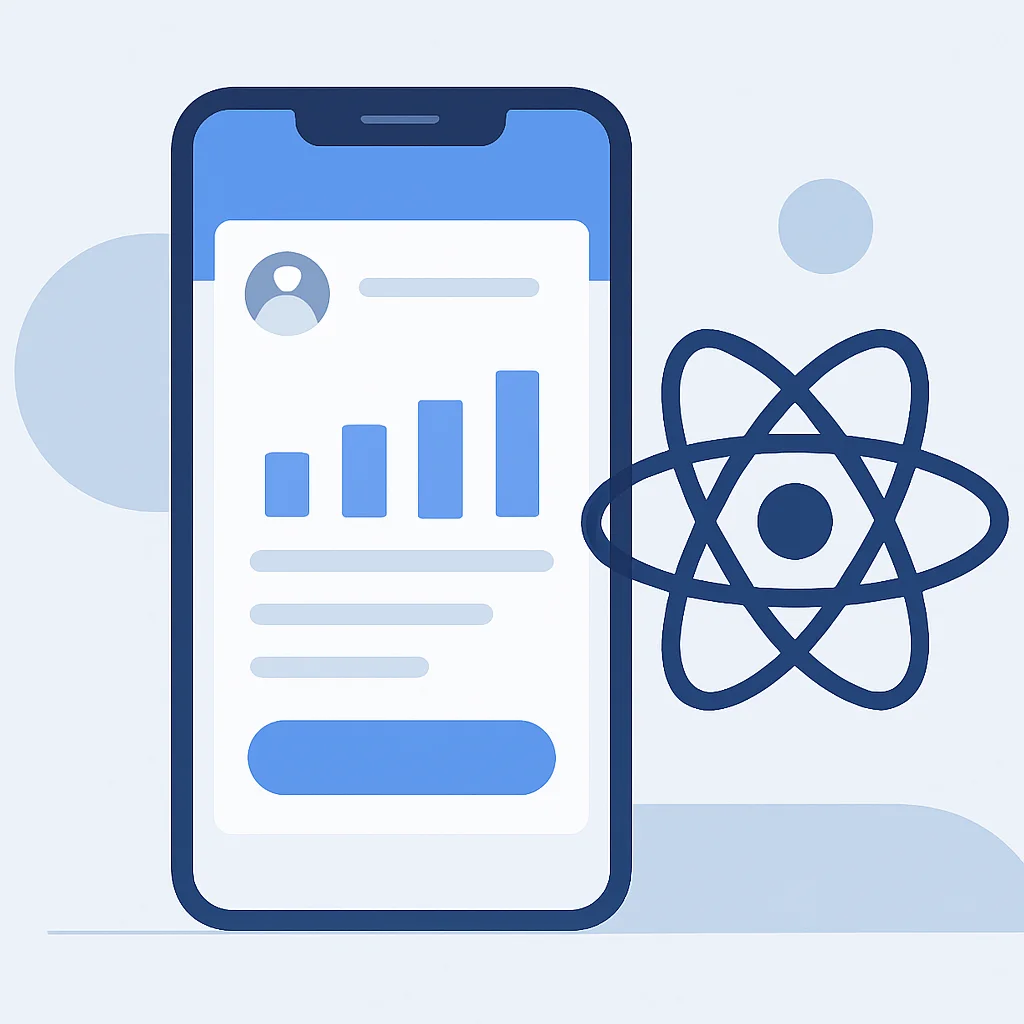 Illustration d'une interface utilisateur d'application d'entreprise sur smartphone, représentant la force de React Native dans les solutions d'entreprise
