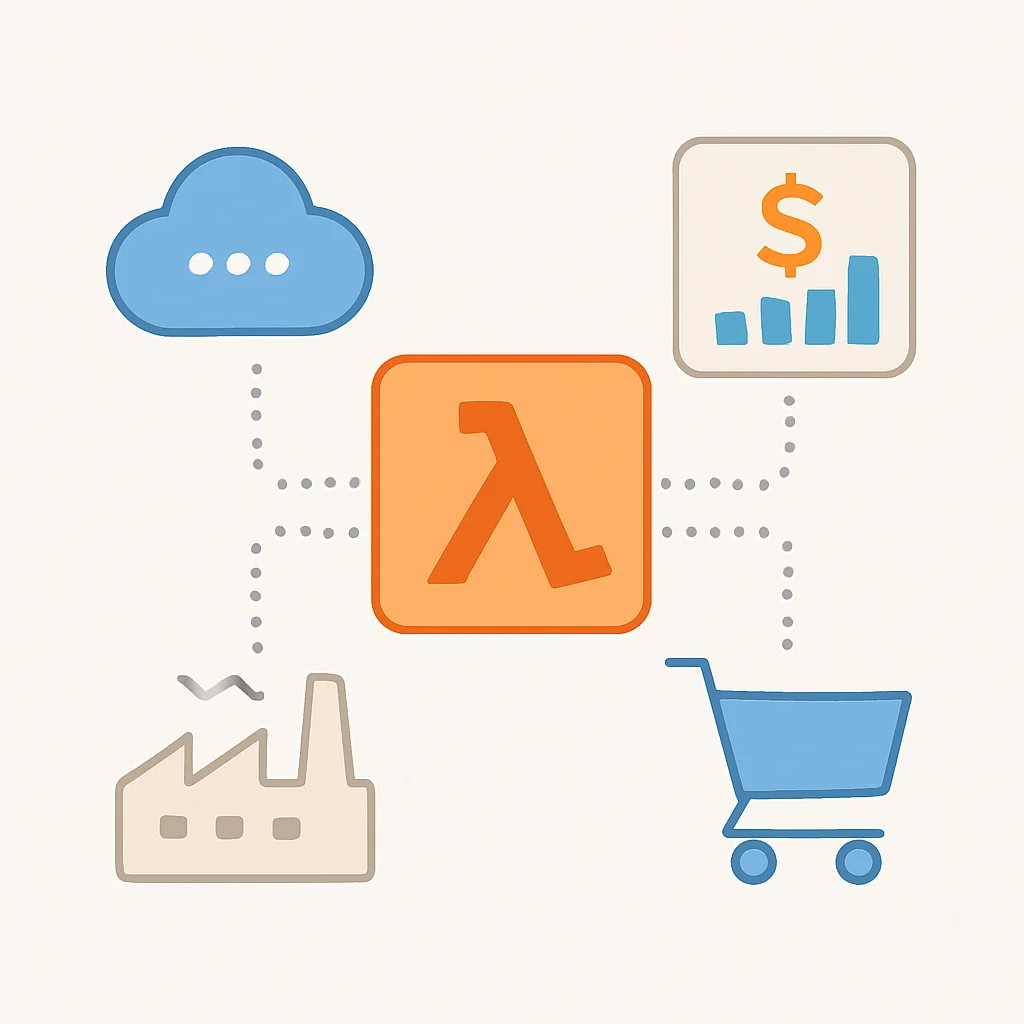 Diagramme illustrant divers cas d'utilisation serverless pour AWS Lambda dans différentes industries