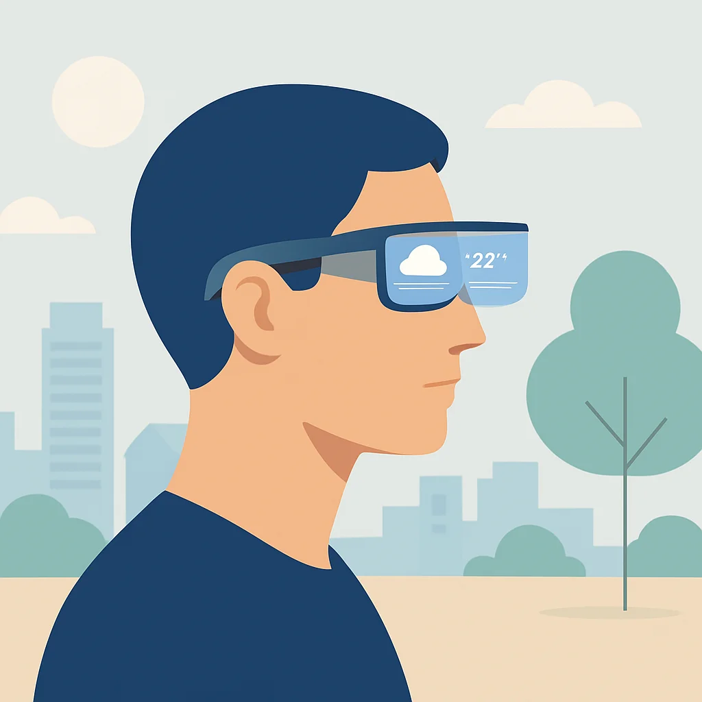 Illustration conceptuelle de futures lunettes AR affichant des informations discrètes et contextuelles, se fondant parfaitement dans le monde réel.