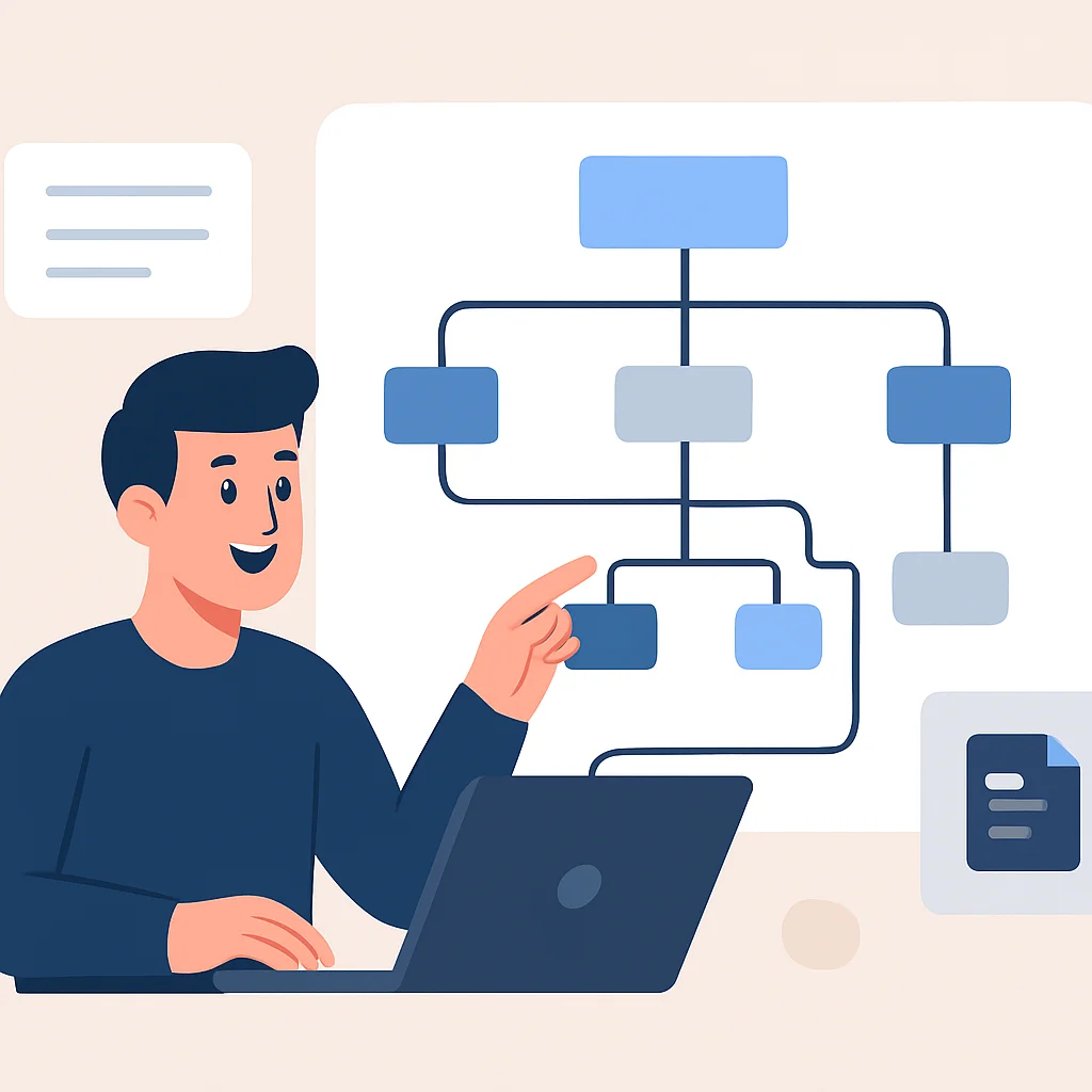 Illustration d'un développeur naviguant avec satisfaction dans une base de connaissances bien organisée, avec des chemins clairs et des informations interconnectées.