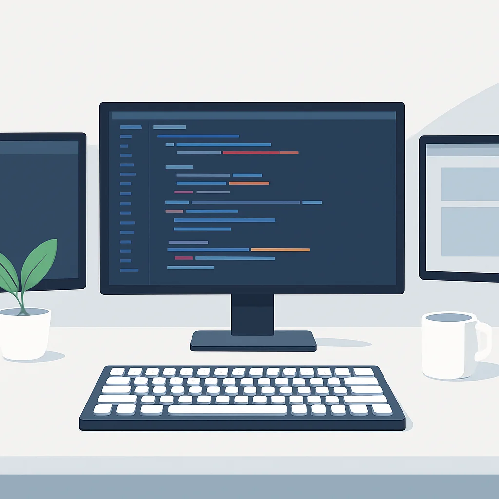 Image d'un setup de bureau minimaliste de développeur avec un clavier mécanique élégant, plusieurs moniteurs et un environnement de codage
