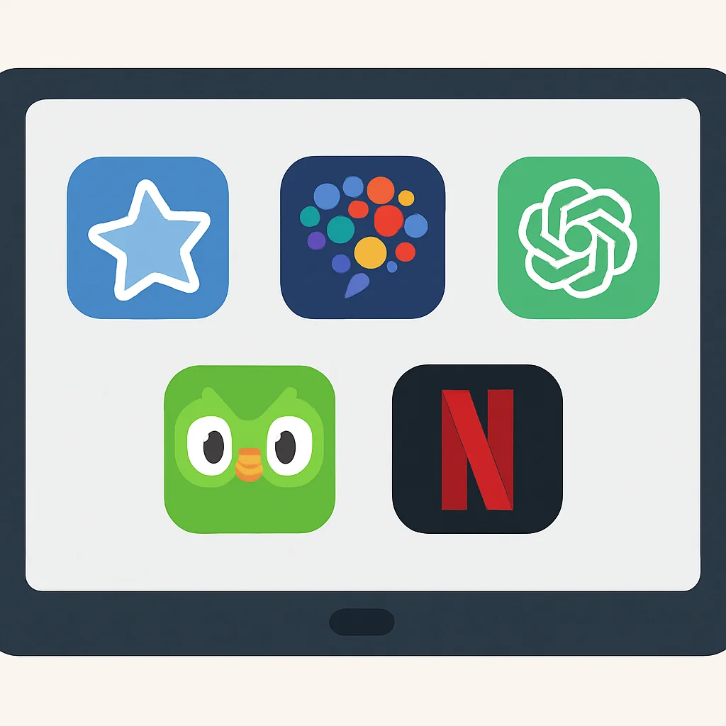 Une collection d'icônes d'applications d'apprentissage des langues (Anki, HelloTalk, ChatGPT, Duolingo, Netflix) affichées sur une tablette numérique