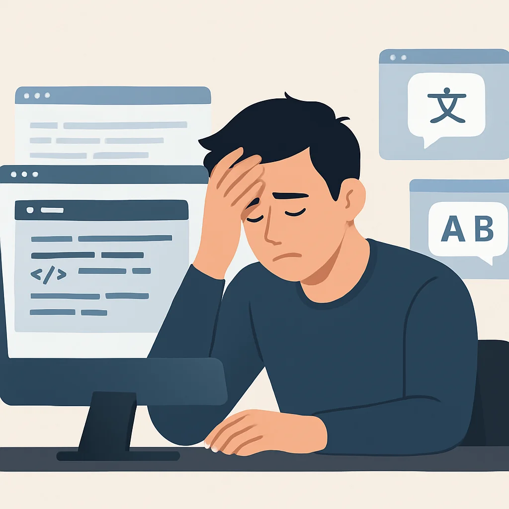 Un développeur submergé par de multiples onglets ouverts et applications d'apprentissage des langues sur un moniteur, montrant des signes d'épuisement professionnel