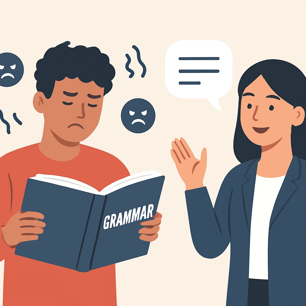 Une personne peinant avec un livre de grammaire complexe, entourée d'expressions frustrées, contrastant avec une autre personne parlant avec assurance